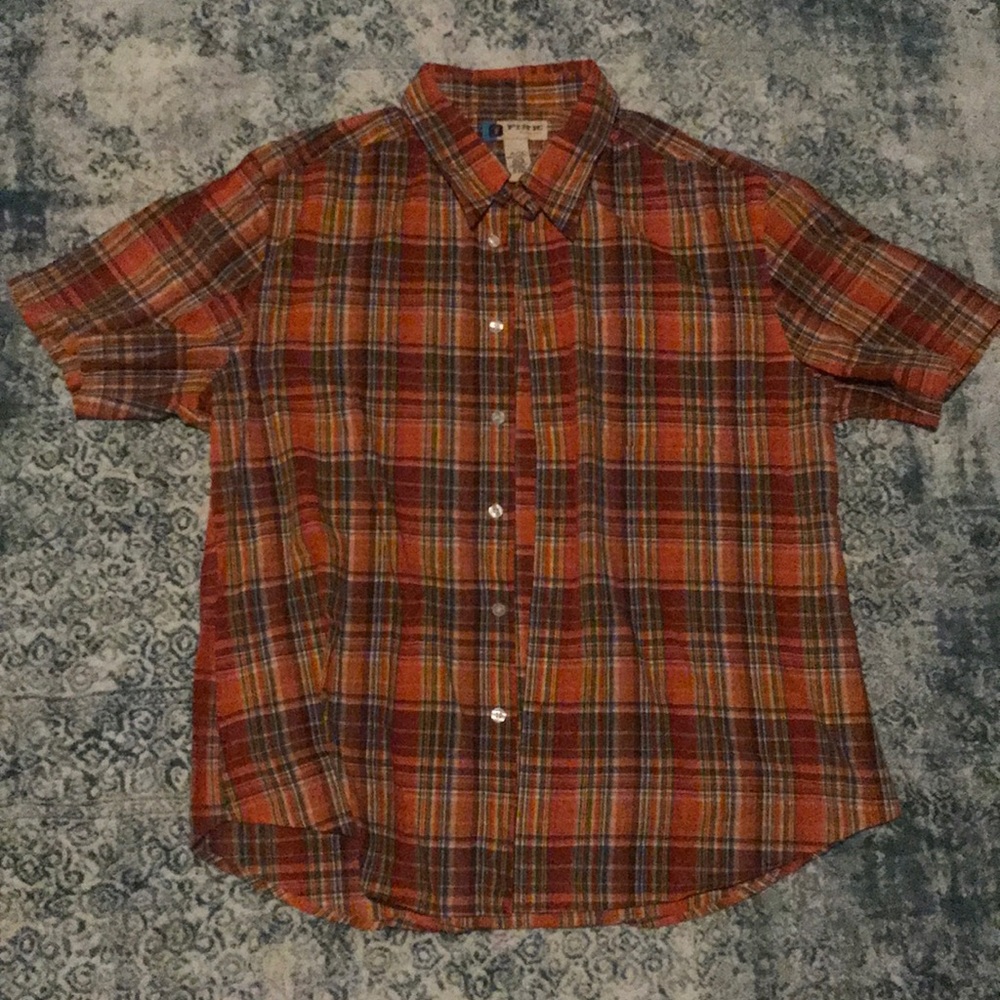 Men’s orange checkered short sleeve button down XL